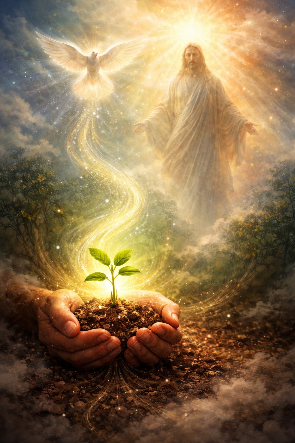 Hands in prayer with church light