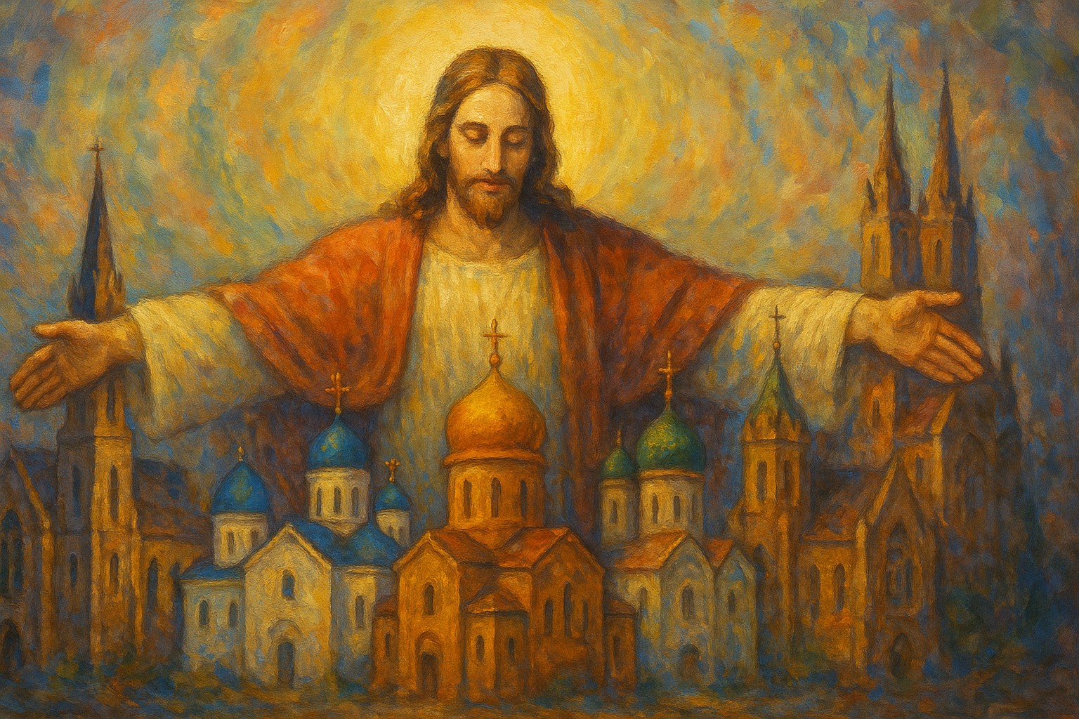 Icon of Christ and ancient manuscript style scene